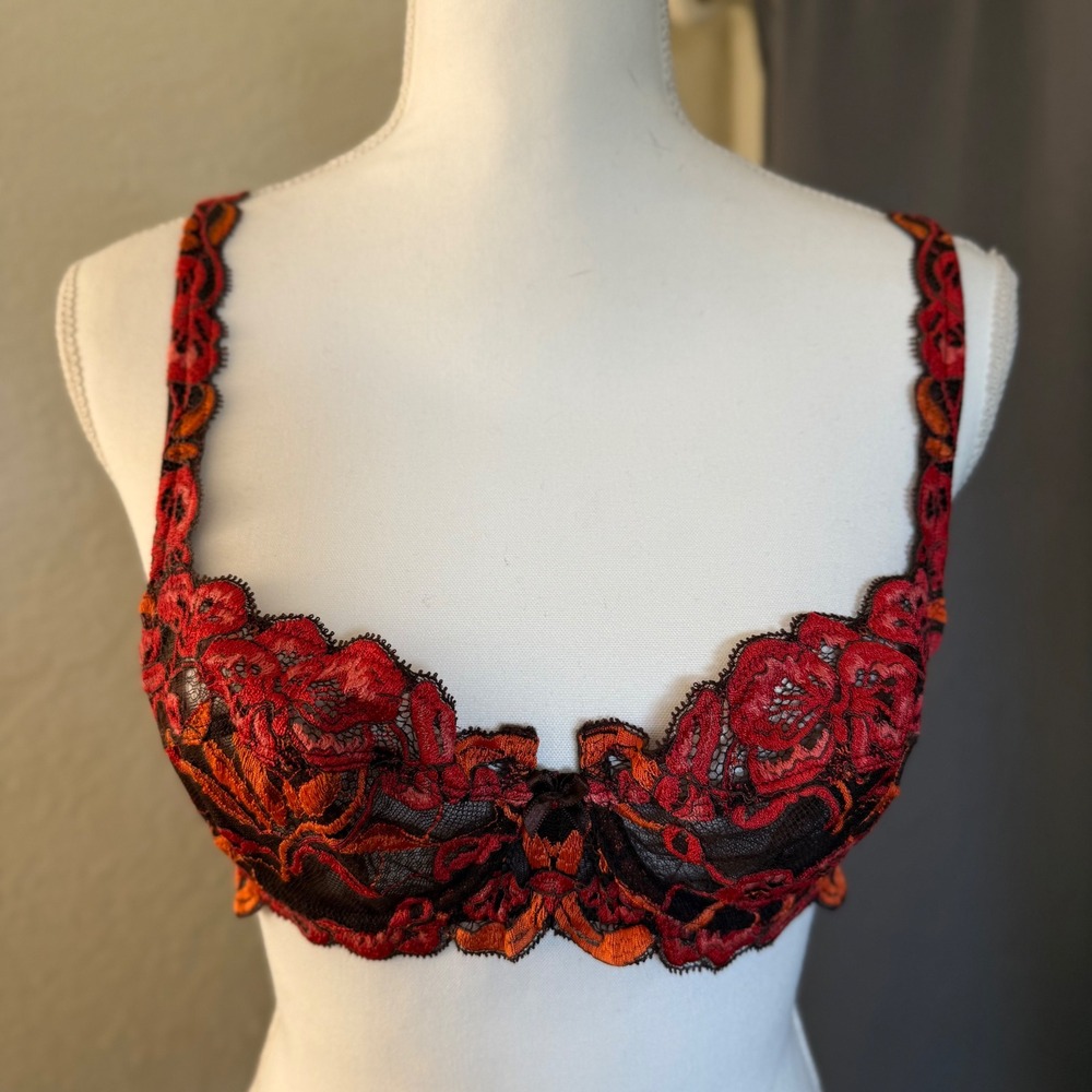 Lise‎ Charmel Demi Bra 36B Brown Red Orange Floral Lace Underwire 03098 France